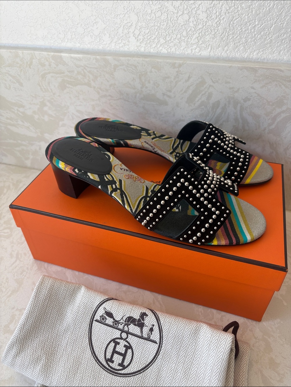 Studded Black Slide Sandals with Multicolor Stripes - Picture 2 of 6